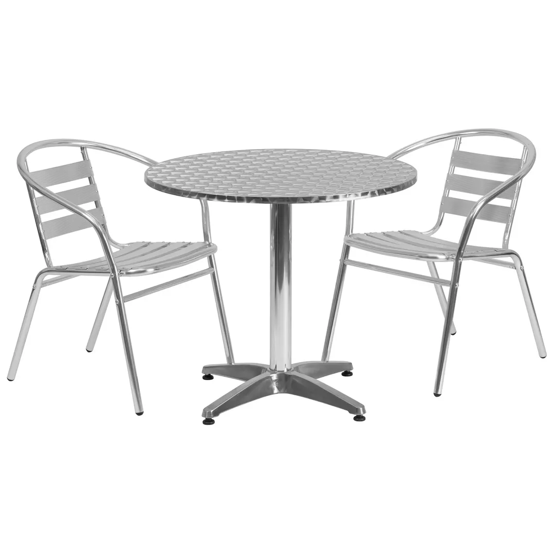Flash Furniture TLH-ALUM-32RD-017BCHR2-GG 31 Round Table & 2 Stacking Chairs Set, Aluminum Frame, 27 Height