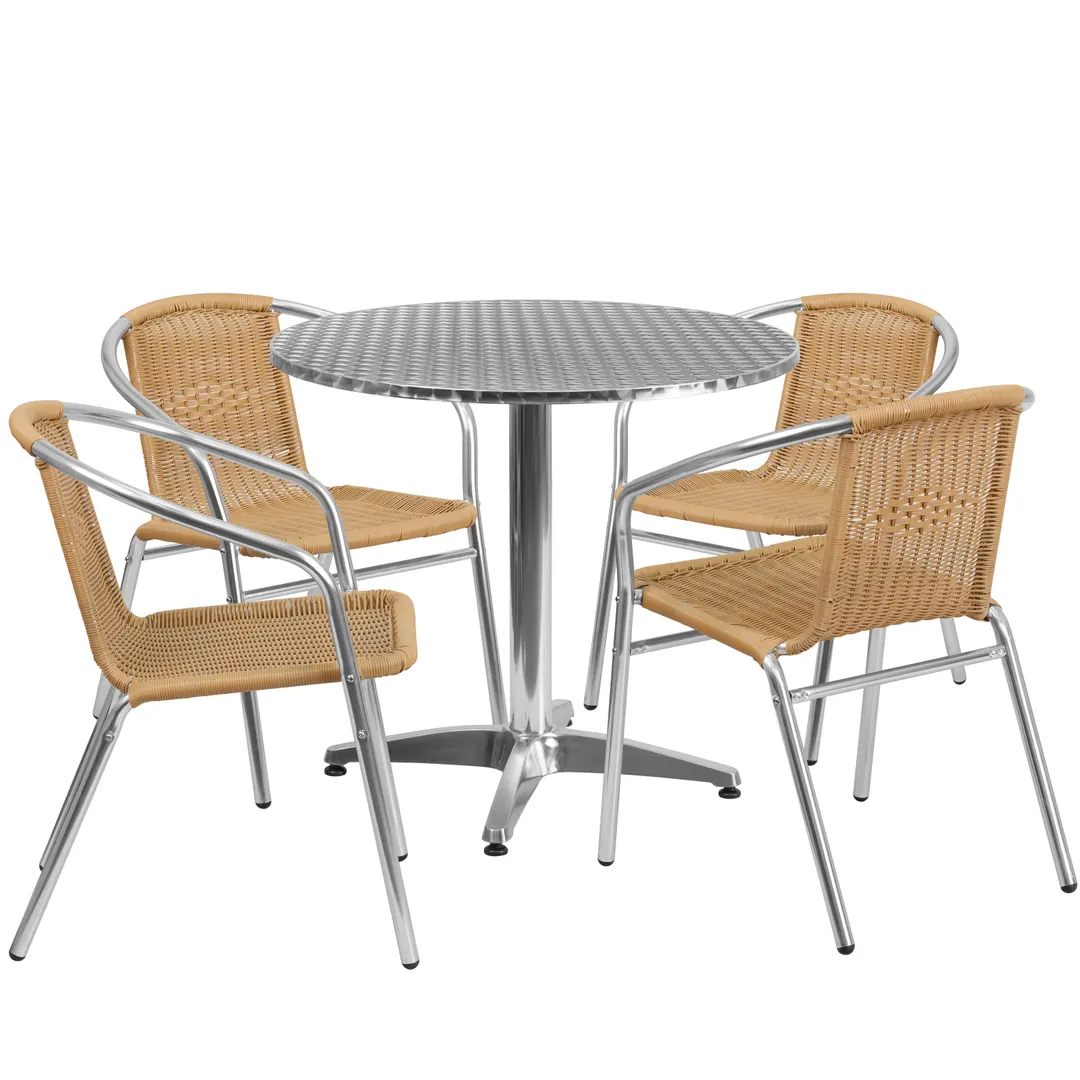 Flash Furniture TLH-ALUM-32RD-020BGECHR4-GG 31.5 Round Table & 4 Stacking Chairs Set, Aluminum Frame, Beige Rattan