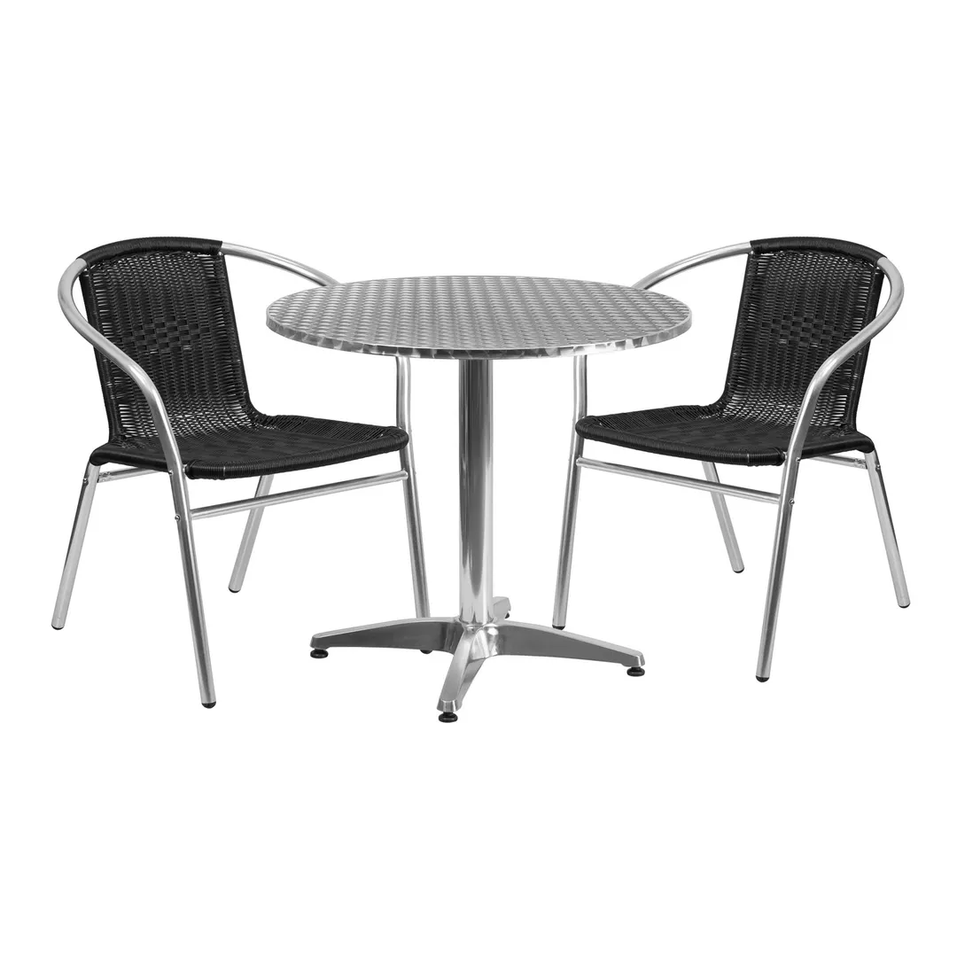 Flash Furniture TLH-ALUM-32RD-020BKCHR2-GG 31 Round Table & 2 Stacking Chairs Set, 27 Height, Aluminum Frame, Black Rattan