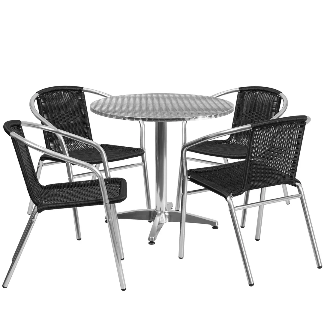 Flash Furniture TLH-ALUM-32RD-020BKCHR4-GG 31 Round Table Set with 4 Stacking Chairs, 27 Height, Aluminum Frame, Black Rattan