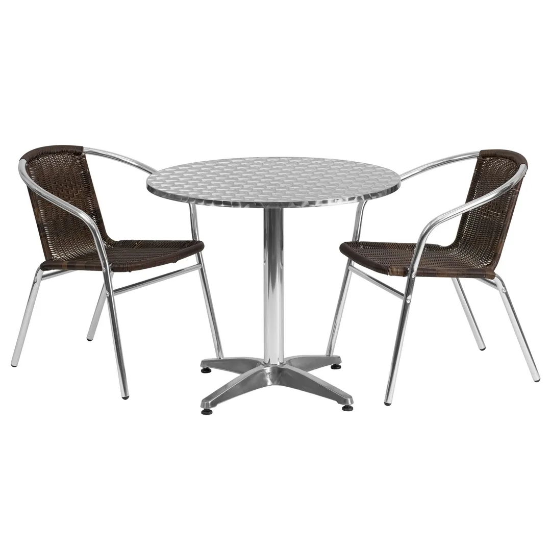 Flash Furniture TLH-ALUM-32RD-020CHR2-GG 31 Round Table & 2 Stacking Chairs Set, 27H, Aluminum Frame, Dark Brown Rattan