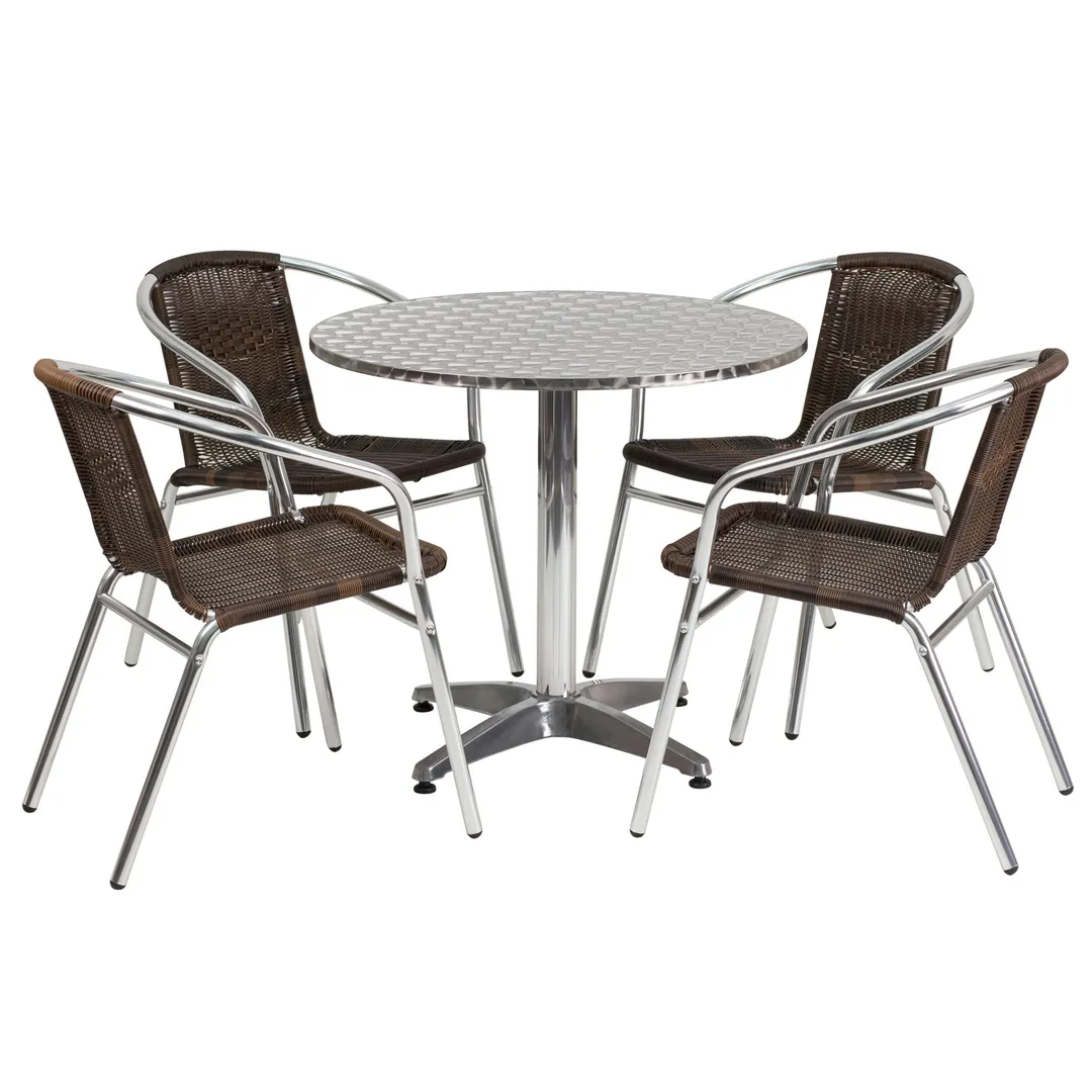 Flash Furniture TLH-ALUM-32RD-020CHR4-GG 31 Round Table & 4 Stacking Chairs Set, 27H, Aluminum Frame, Dark Brown Rattan