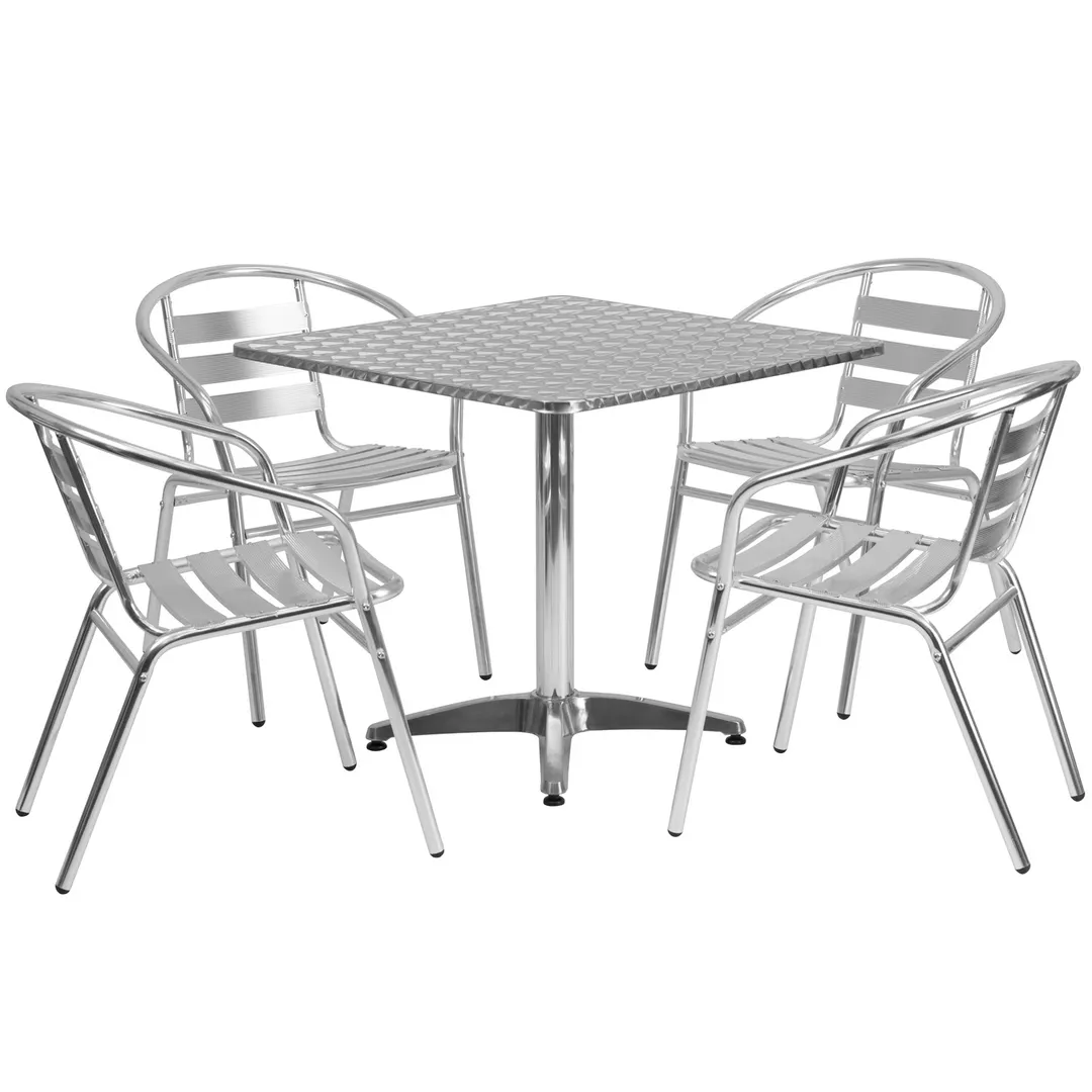 Flash Furniture TLH-ALUM-32SQ-017BCHR4-GG 31x31 Square Table Set with 4 Stacking Chairs, Aluminum Frame
