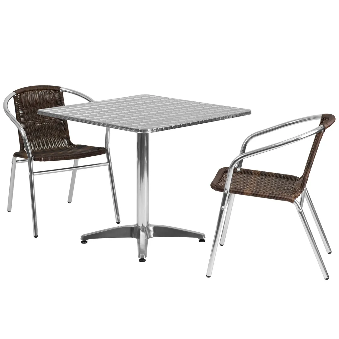 Flash Furniture TLH-ALUM-32SQ-020CHR2-GG 31 Square Table & 2 Stacking Chairs Set, Aluminum Frame, Dark Brown Rattan, 27H