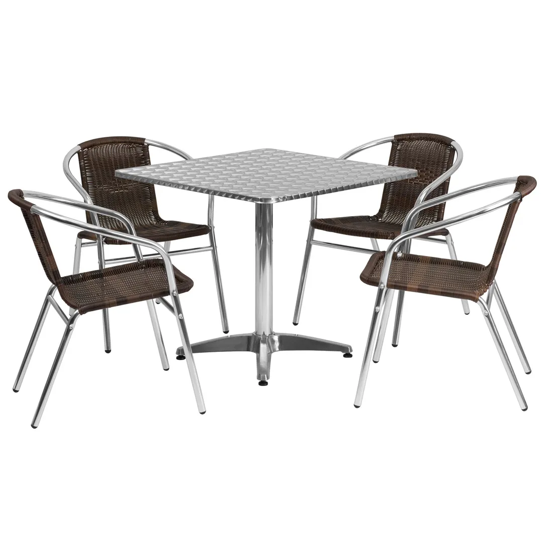 Flash Furniture TLH-ALUM-32SQ-020CHR4-GG 31 Square Table Set with 4 Stacking Chairs, Aluminum Frame, Dark Brown Rattan, 27 Height