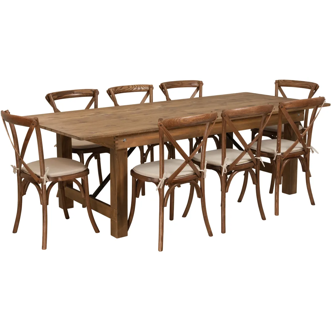 Flash Furniture XA-FARM-12-GG Hercules Series 96" Farm Table Set, 400 lb, Pecan Finish, Solid Pine, Includes 8 Stacking Chairs