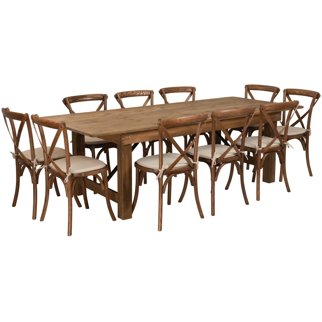 Flash Furniture XA-FARM-13-GG Hercules Series 10-Piece Farm Table Set, 96x40x30in, Pecan Finish, Solid Pine Construction, 400 lbs
