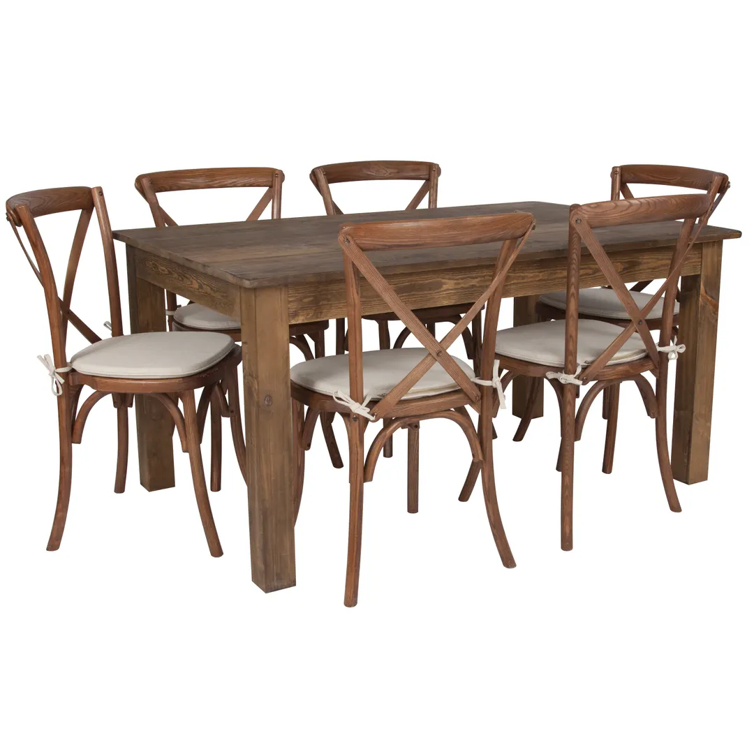 Flash Furniture XA-FARM-19-GG Farm Table & Chair Set, 60x38, Rustic Pine, 400 lb, 6 Cross Back Chairs