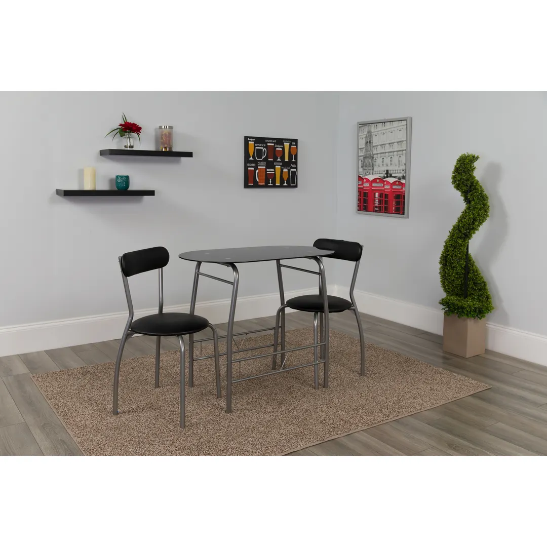 Flash Furniture XM-JM-A0278-1-2-BK-GG 3-Piece Sutton Bistro Set, Oval Table 35x19, 2 Chairs, Black Vinyl, Silver Finish