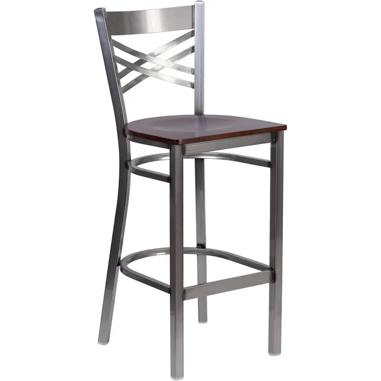 Flash Furniture XU-6F8B-CLR-BAR-WALW-GG Hercules Series Restaurant Bar Stool, Metal X Back, Walnut Finish Seat, 18 Gauge Steel Frame