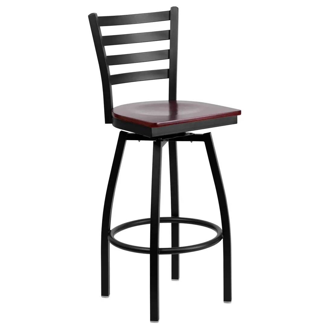 Flash Furniture XU-6F8B-LADSWVL-MAHW-GG Hercules Series Metal Ladder Back Armless Swivel Bar Stool with Mahogany Finish Seat