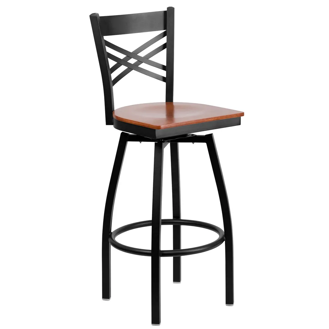Flash Furniture XU-6F8B-XSWVL-CHYW-GG Hercules Series Swivel Bar Stool, Metal X-Back, Cherry Finish Plywood Seat, Black Powder Coated Steel Frame