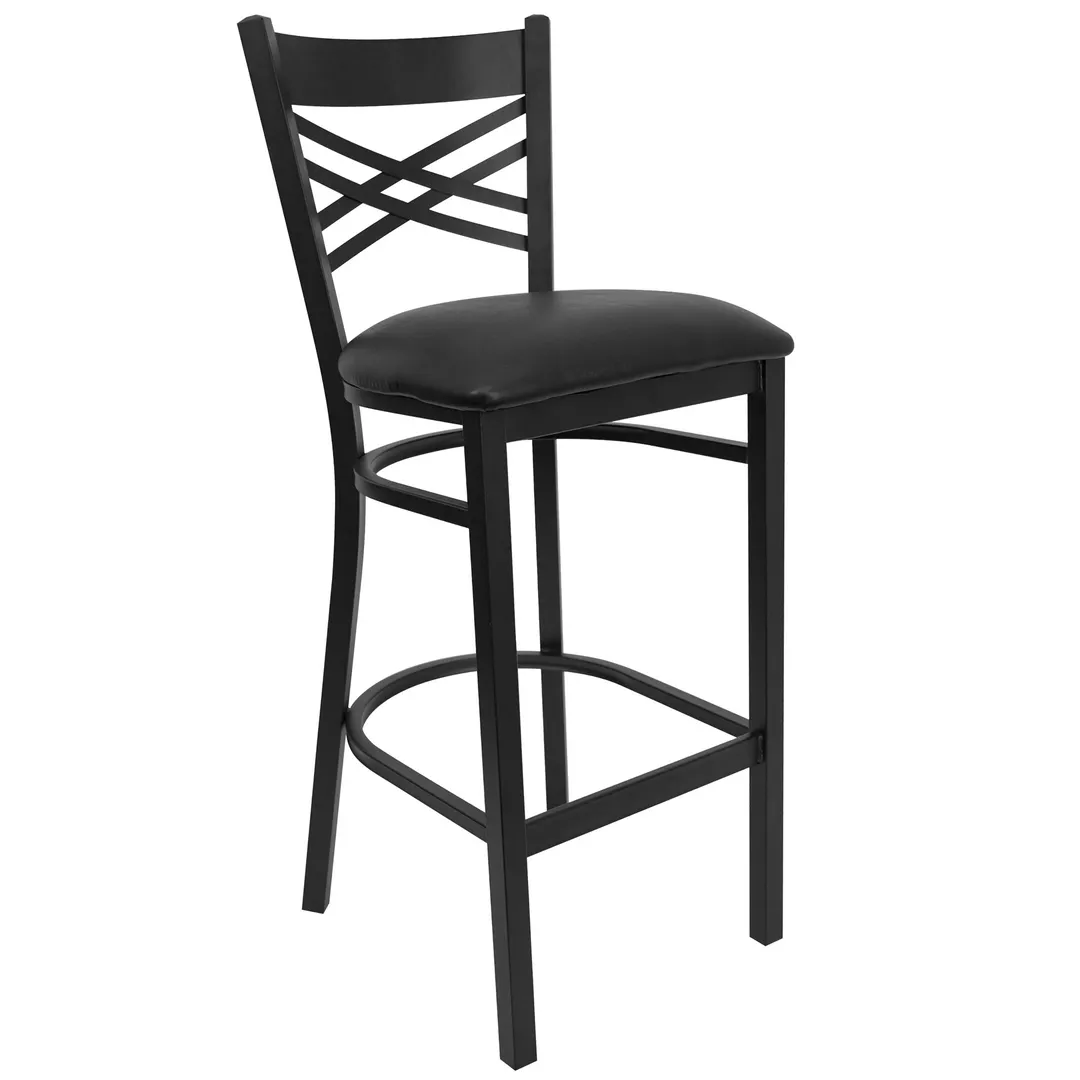Flash Furniture XU-6F8BXBK-BAR-BLKV-GG Hercules Series Black Vinyl Upholstered Restaurant Bar Stool with Metal X-Back and Footrest