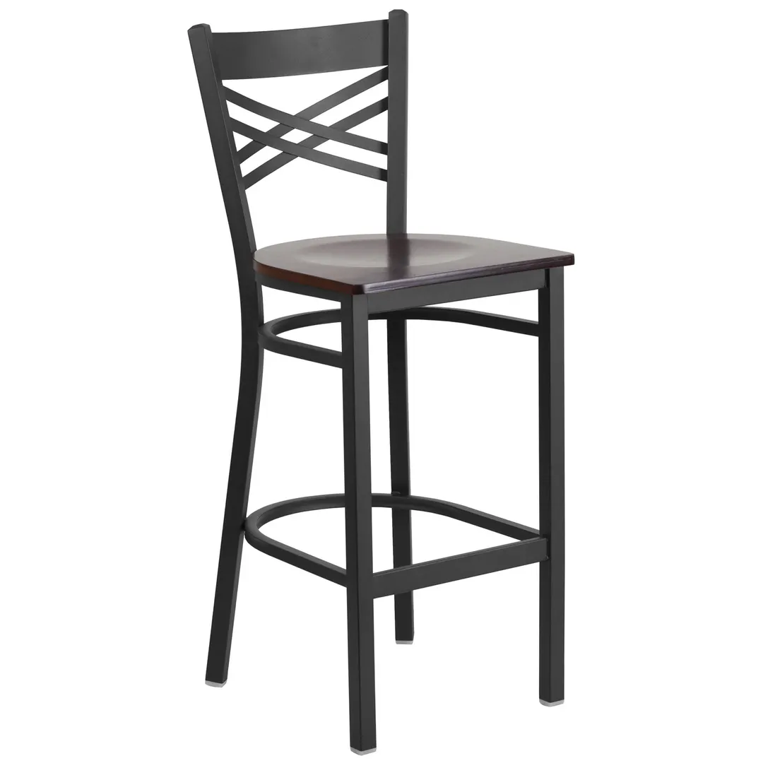 Flash Furniture XU-6F8BXBK-BAR-WALW-GG Hercules Series Restaurant Bar Stool, Metal X-Back, Walnut Finish Wood Seat, Black Powder Coated Steel Frame