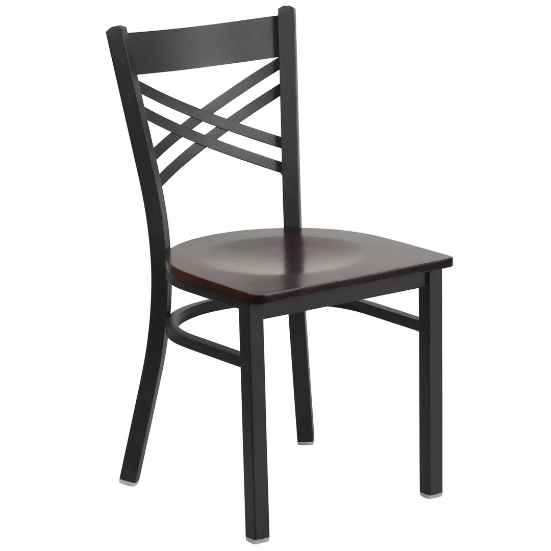 Flash Furniture XU-6FOBXBK-WALW-GG Hercules Series Metal X-Back Restaurant Chair, Walnut Finish Plywood Seat, Black Powder Coated Steel Frame