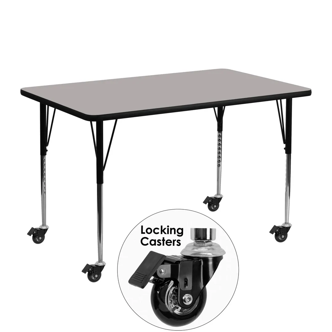 Flash Furniture XU-A2448-REC-GY-H-A-CAS-GG 48" Rectangular Activity Table, Gray Laminate Top, 24"D, Adjustable Height 22-30.5", Black Steel Legs