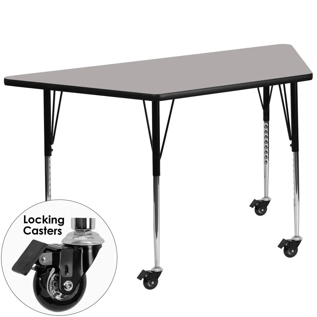 Flash Furniture XU-A2448-TRAP-GY-H-A-CAS-GG 46" Trapezoid Activity Table, Gray Laminate Top, 25" Depth, Adjustable Height