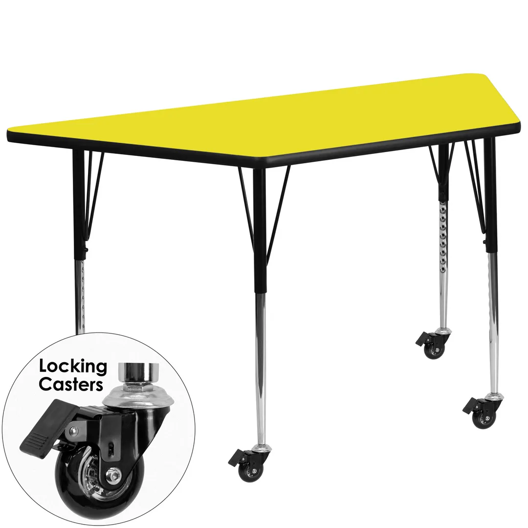 Flash Furniture XU-A2448-TRAP-YEL-H-A-CAS-GG 46" Trapezoid Activity Table, Yellow Laminate Top, 25" Depth, Adjustable Height