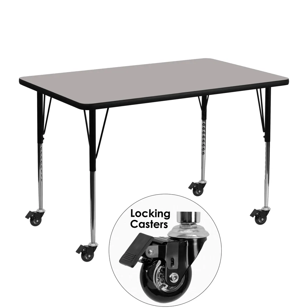 Flash Furniture XU-A3048-REC-GY-H-A-CAS-GG 48" Rectangular Activity Table, Gray Laminate Top, 30" Deep, Adjustable Height 22-30.5", Black Powder Coated Steel Legs
