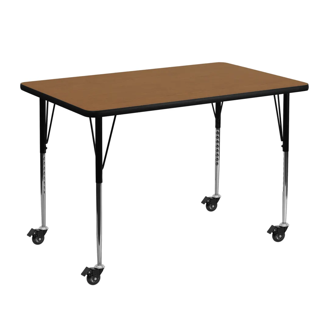 Flash Furniture XU-A3048-REC-OAK-T-A-CAS-GG 48" Rectangular Activity Table, Oak Laminate Top, Adjustable Height 22-1/4" to 30-2/5", Black and Chrome Steel Legs