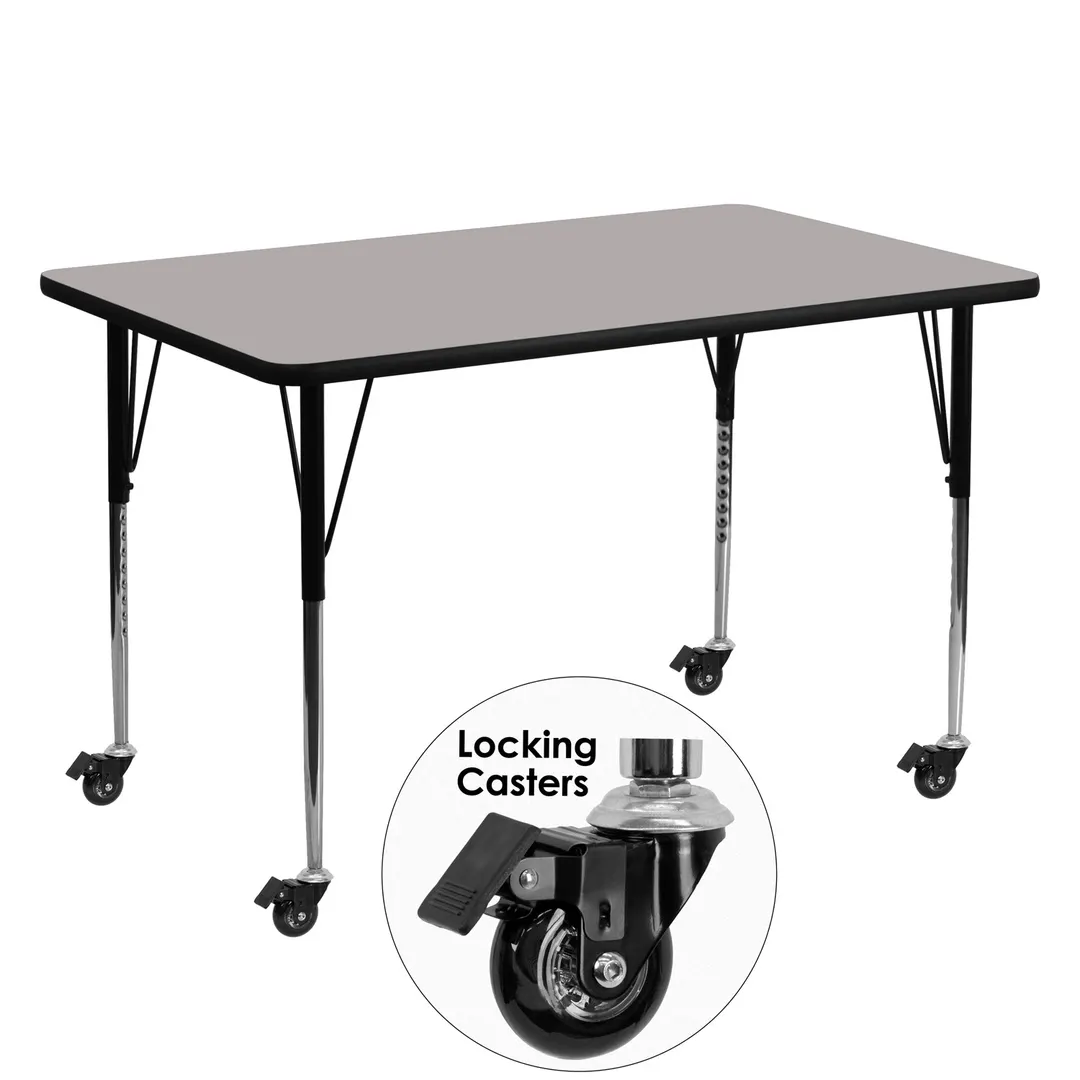 Flash Furniture XU-A3060-REC-GY-H-A-CAS-GG 60" Rectangular Activity Table, Gray Laminate Top, 30" Deep, Adjustable Height 22-30.5", Black Powder Coated Steel Legs