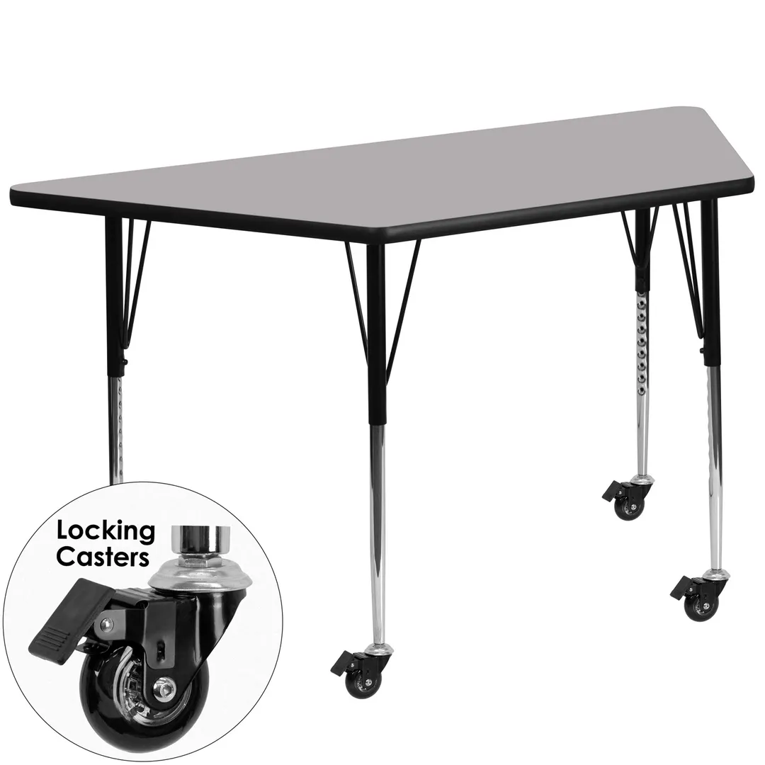 Flash Furniture XU-A3060-TRAP-GY-T-A-CAS-GG 57" Trapezoid Activity Table, Gray Laminate Top, 26" Depth, Adjustable Height