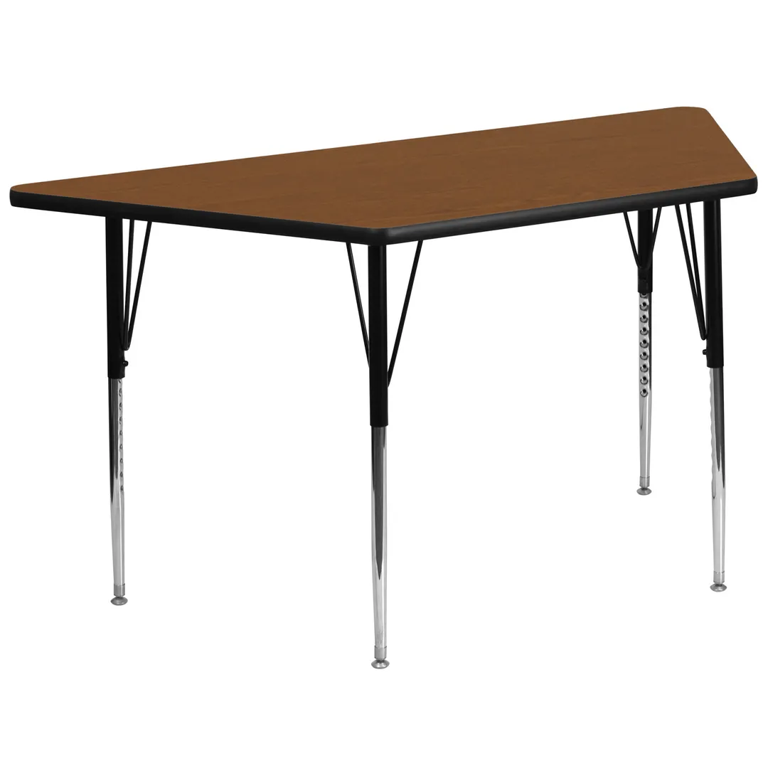 Flash Furniture XU-A3060-TRAP-OAK-H-A-GG 57" Trapezoid Activity Table, Oak Laminate Top, Adjustable Height 21-1/4" to 30-1/4", Black and Chrome Steel Legs