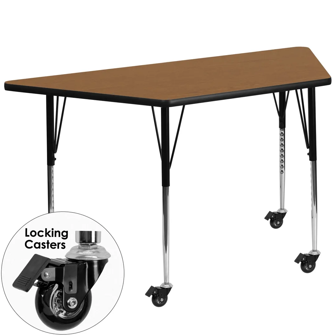 Flash Furniture XU-A3060-TRAP-OAK-T-A-CAS-GG 57" Trapezoid Activity Table, Oak Laminate Top, 26" Depth, Adjustable Height