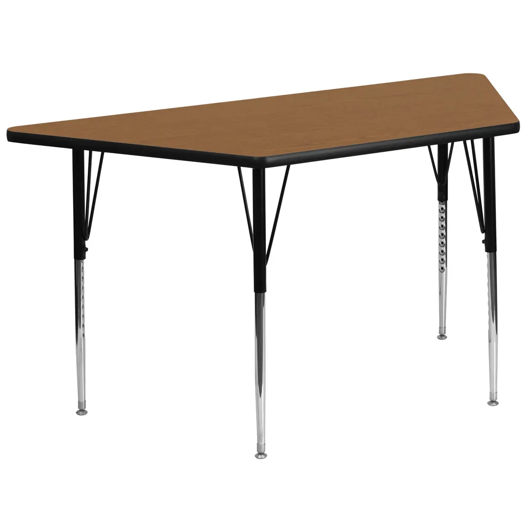 Flash Furniture XU-A3060-TRAP-OAK-T-A-GG 57" Trapezoid Activity Table, Oak Laminate Top, Adjustable 21-30" Height, Steel Legs