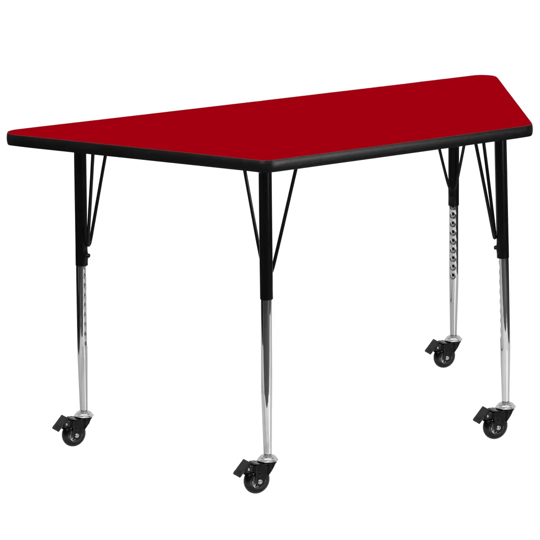 Flash Furniture XU-A3060-TRAP-RED-T-A-CAS-GG Trapezoid Activity Table, 57.5"W x 26.25"D, Red Laminate Top, Adjustable 22.25"-30.375"H, Black Powder Coated Steel Legs