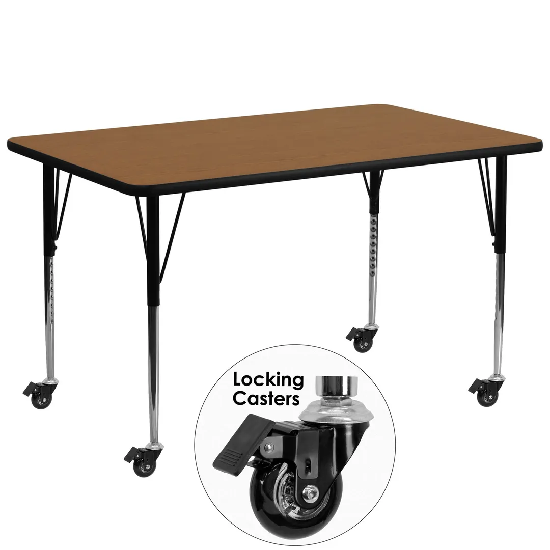 Flash Furniture XU-A3072-REC-OAK-T-A-CAS-GG 72" Rectangular Activity Table, Oak Laminate Top, Adjustable Height 22-1/4" to 30-2/5", Black Powder Coated Steel Legs