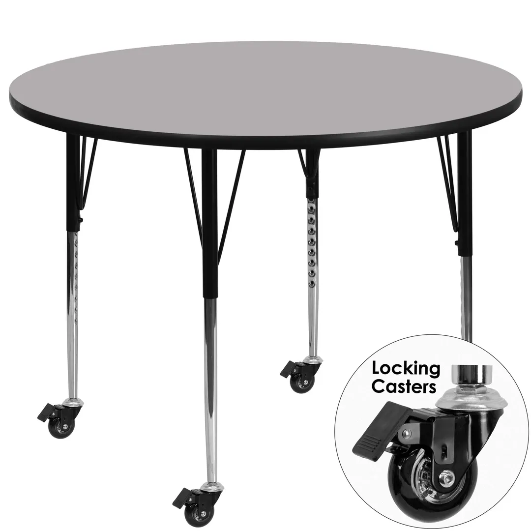 Flash Furniture XU-A42-RND-GY-T-A-CAS-GG 42" Round Gray Laminate Activity Table, Adjustable Height 22-1/4" to 30-2/5", Black Powder Coated Steel Legs
