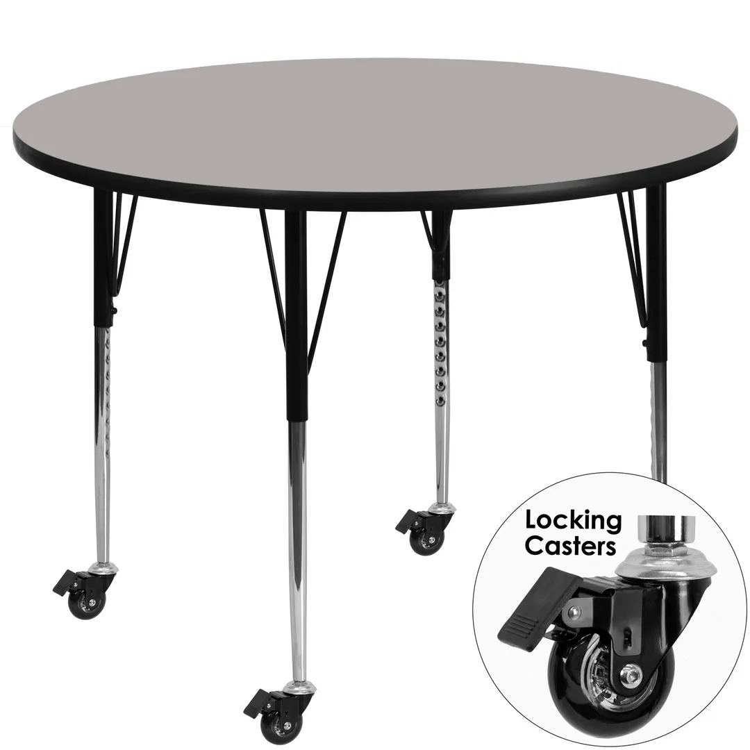 Flash Furniture XU-A48-RND-GY-H-A-CAS-GG 48" Round Gray Laminate Activity Table, Adjustable Height 22-30", Black Powder Coated Steel Legs