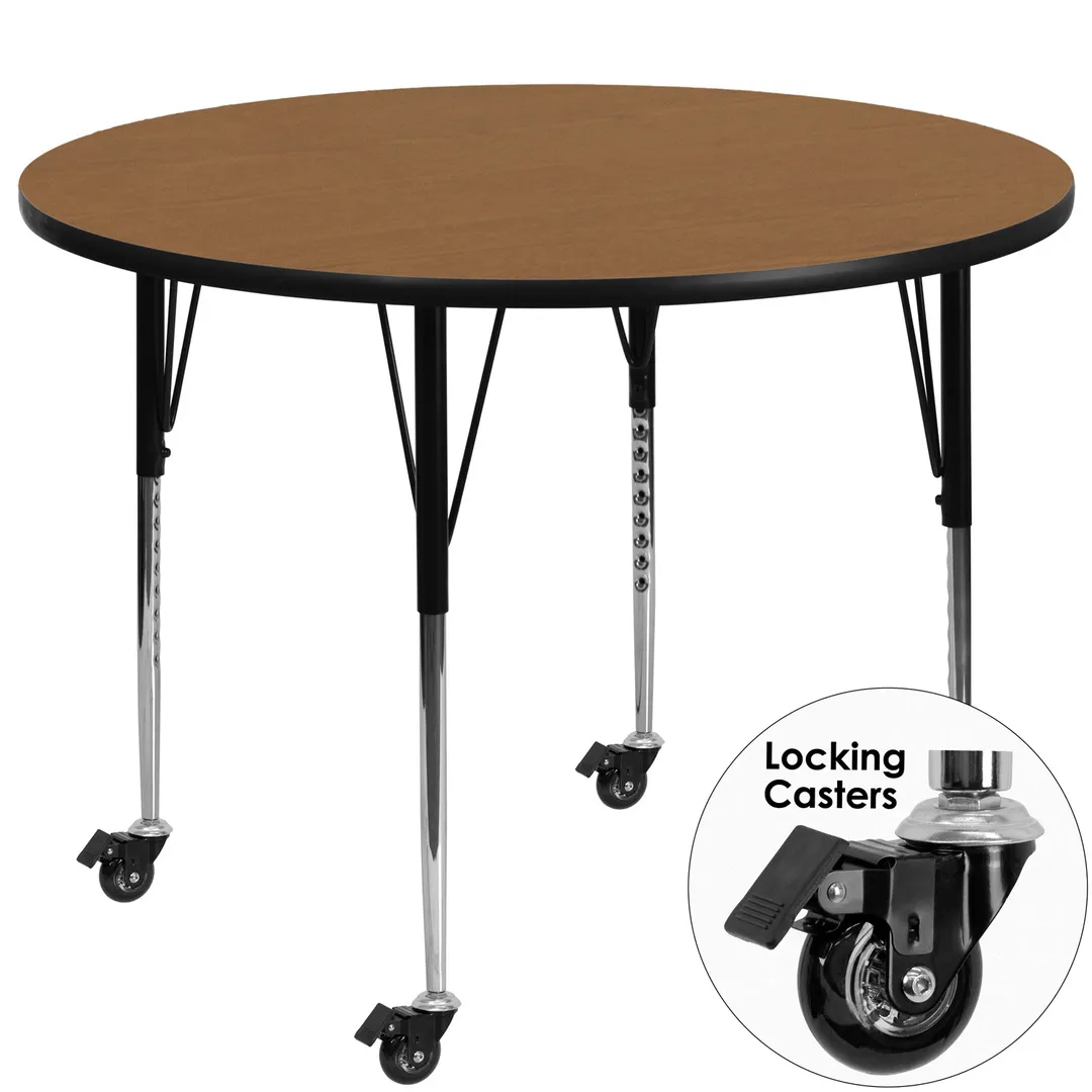 Flash Furniture XU-A48-RND-OAK-T-A-CAS-GG 48" Round Adjustable Height Activity Table, Oak Laminate Top, Black Powder Coated Steel Legs
