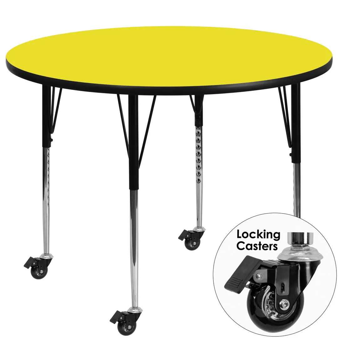 Flash Furniture XU-A48-RND-YEL-H-A-CAS-GG 48" Round Yellow Laminate Activity Table, Adjustable Height 22-30.5", Black Steel Legs