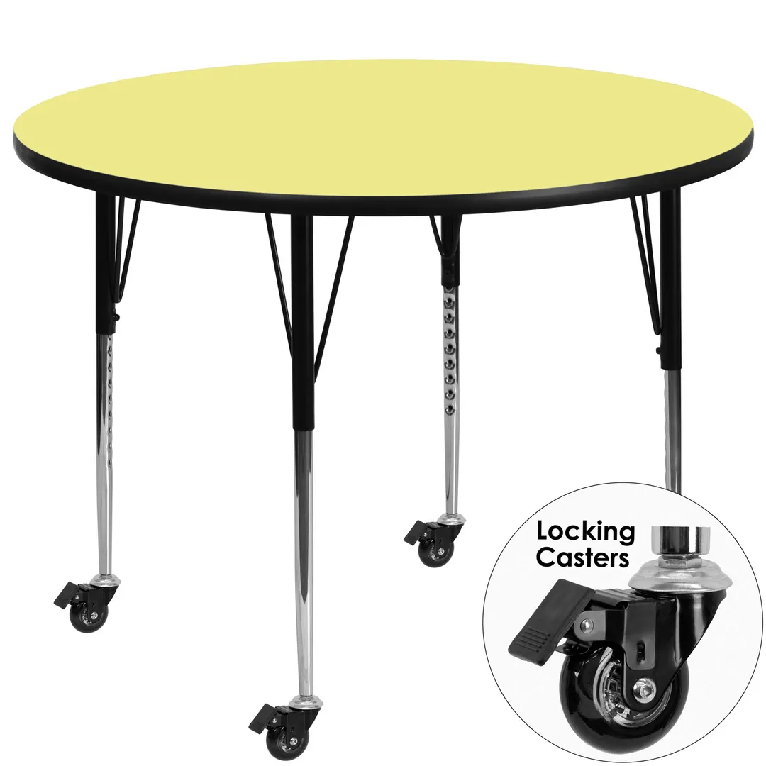Flash Furniture XU-A48-RND-YEL-T-A-CAS-GG 48" Round Yellow Laminate Activity Table, Adjustable Height 22-1/4" to 30-2/5", Black Edge Band, Tubular Steel Legs