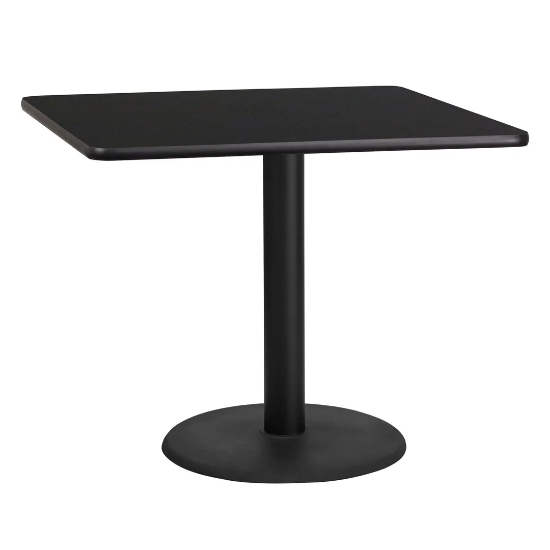 Flash Furniture XU-BLKTB-3636-TR24-GG 36x36 Square Black Laminate Dining Table, 31.125H, MDF Top, PVC Edge, Round Cast Iron Base