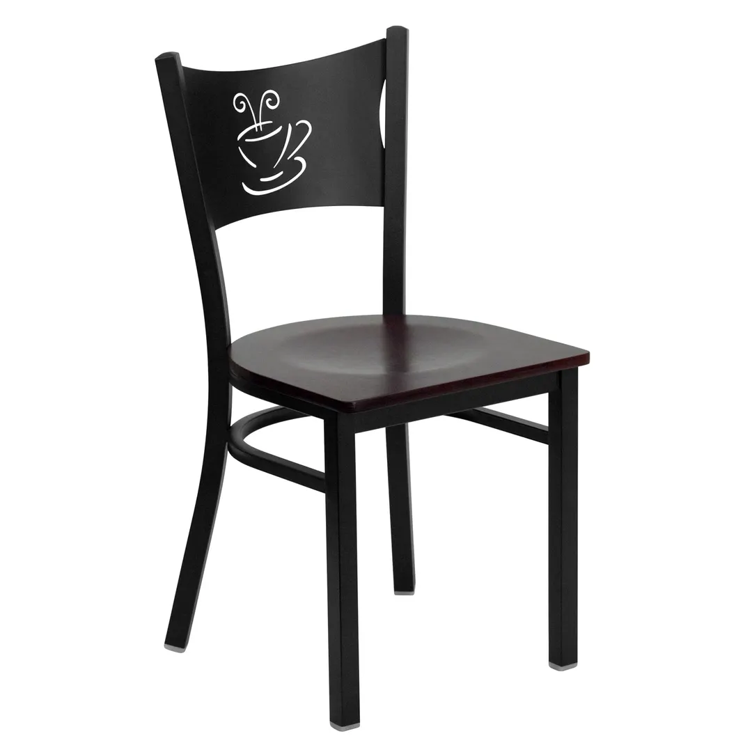 Flash Furniture XU-DG-60099-COF-MAHW-GG Hercules Series Restaurant Chair, Metal Back with Coffee Cutout, Mahogany Wood Seat, Black Steel Frame