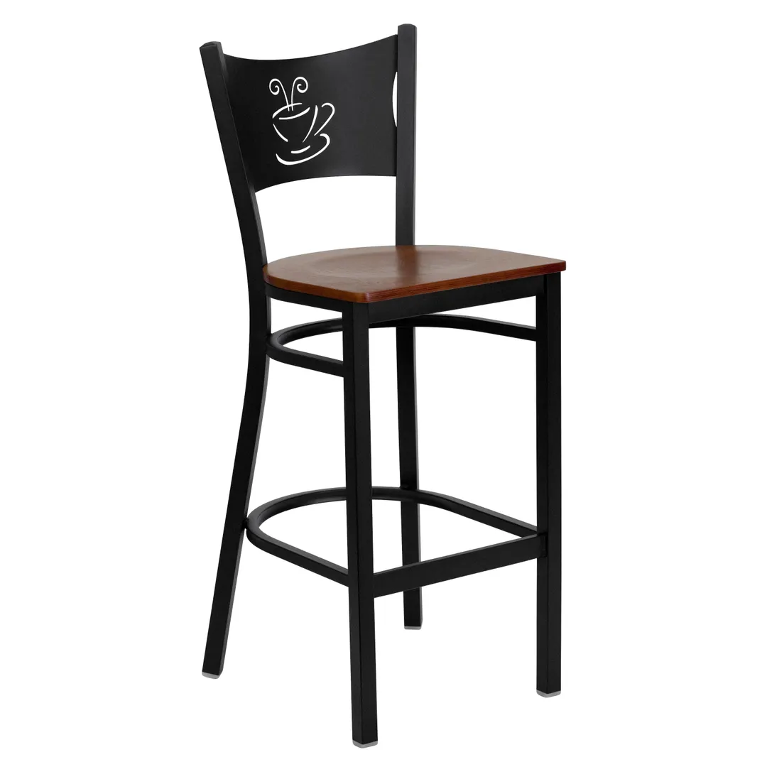 Flash Furniture XU-DG-60114-COF-BAR-CHYW-GG Hercules Series Restaurant Bar Stool, Metal Back, Cherry Finish Plywood Seat, Black Powder Coated Steel Frame