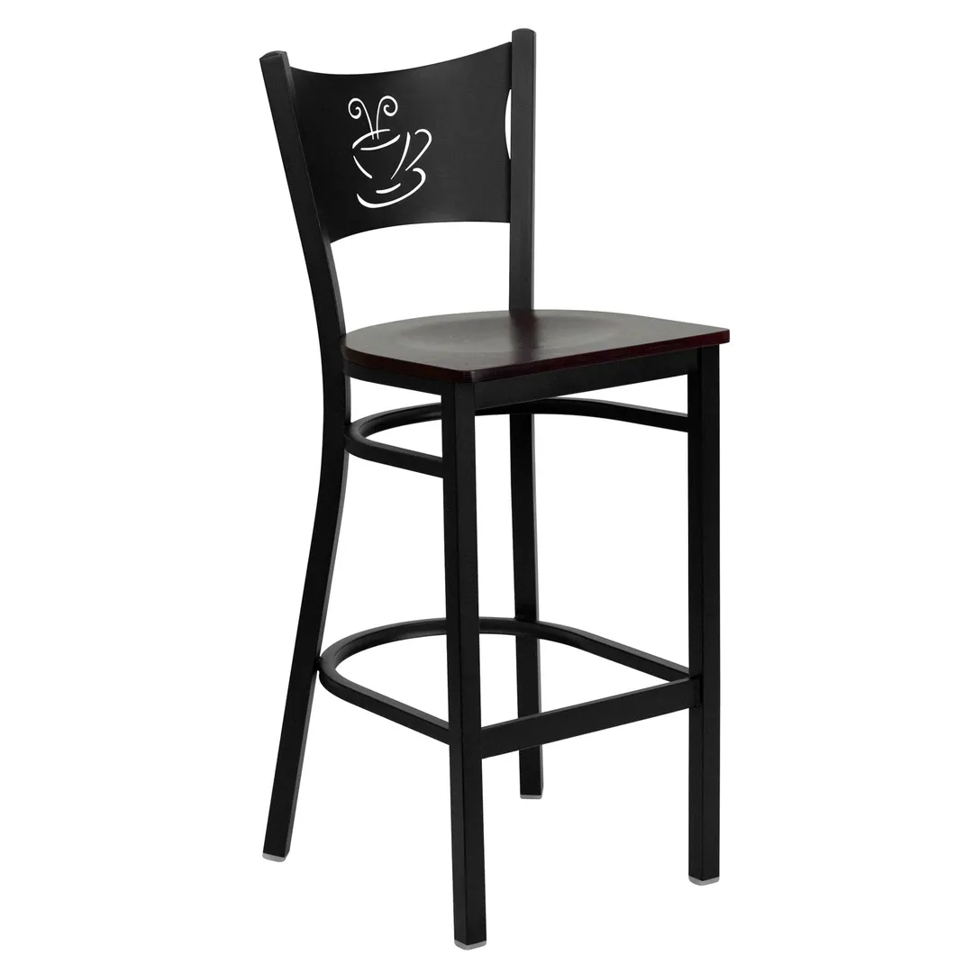 Flash Furniture XU-DG-60114-COF-BAR-MAHW-GG Hercules Series Restaurant Bar Stool, Metal Back, Mahogany Finish Wood Seat, Black Powder Coated Steel Frame