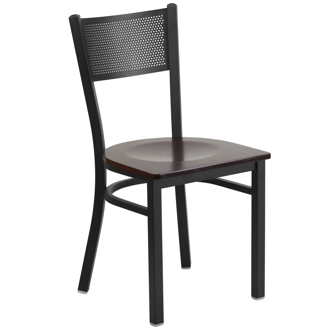 Flash Furniture XU-DG-60115-GRD-WALW-GG Hercules Series Metal Back Restaurant Chair, Walnut Finish Wood Seat, Black Powder Coated Steel Frame