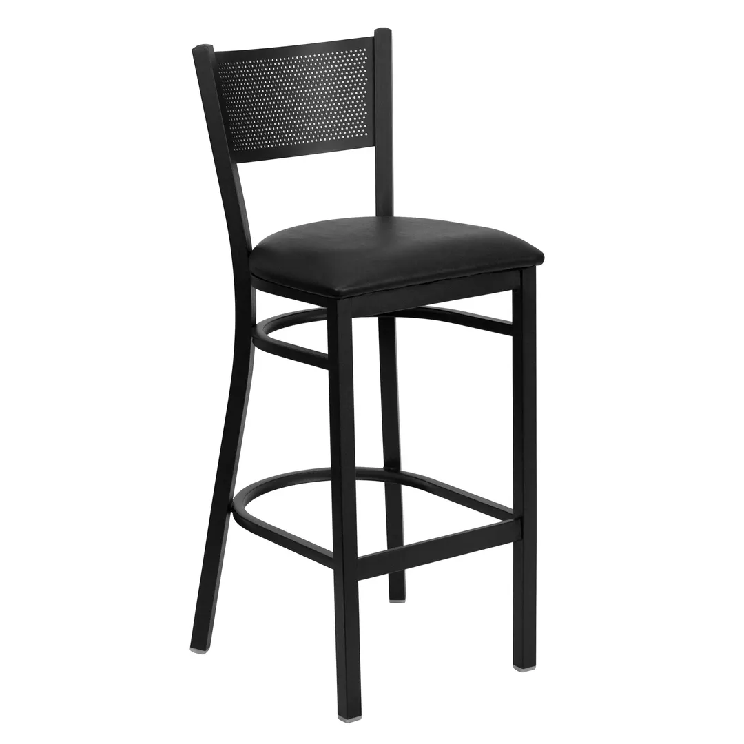 Flash Furniture XU-DG-60116-GRD-BAR-BLKV-GG Hercules Series Black Vinyl Upholstered Restaurant Bar Stool with Metal Grid Back
