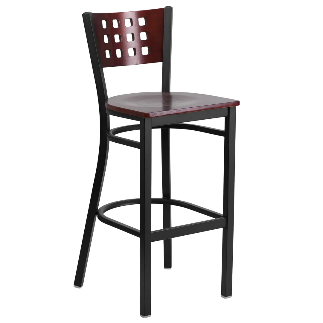 Flash Furniture XU-DG-60118-MAH-BAR-MTL-GG Hercules Series Mahogany Finish Wood Back Restaurant Bar Stool with Cutouts