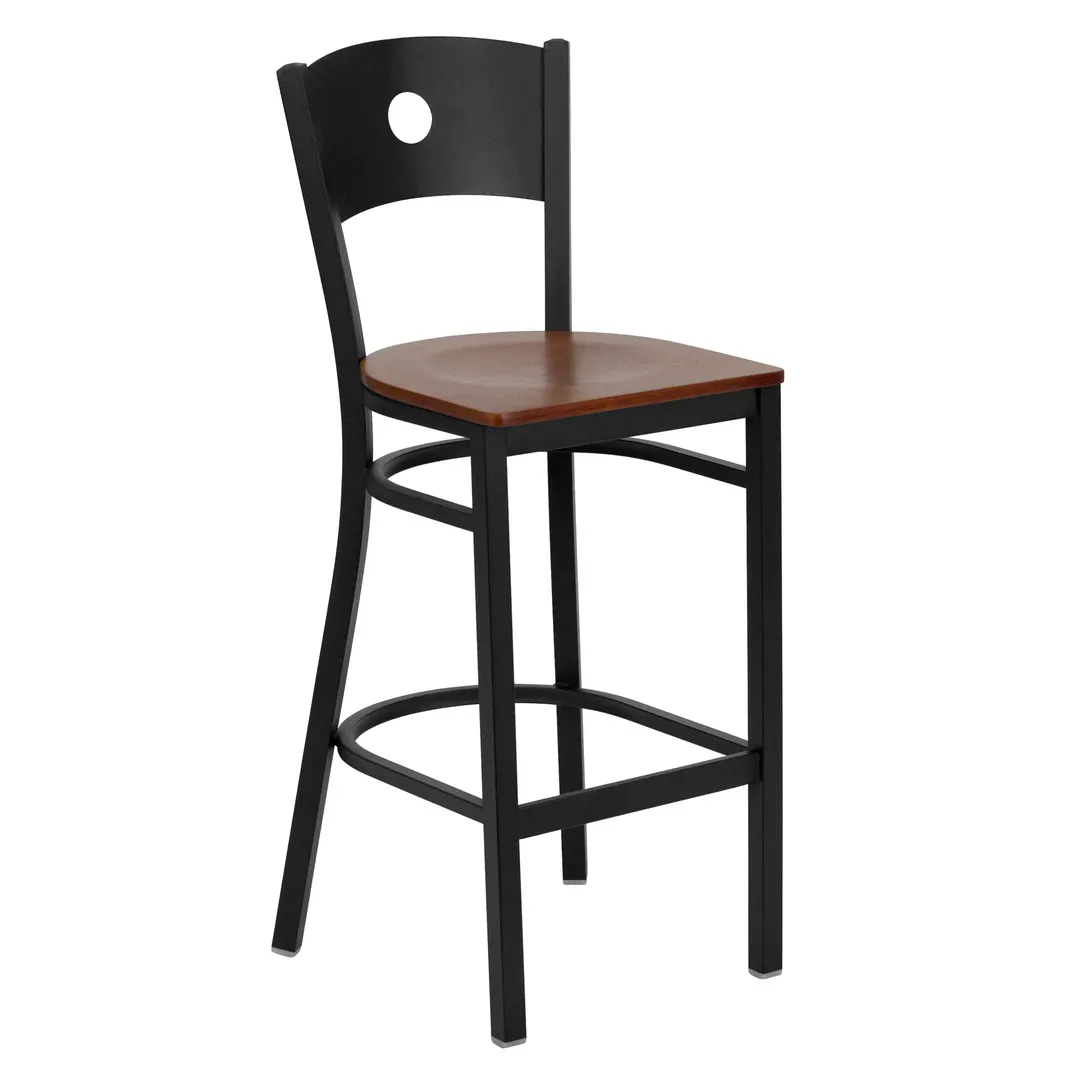 Flash Furniture XU-DG-60120-CIR-BAR-CHYW-GG Hercules Series Metal Back Restaurant Bar Stool, Cherry Wood Seat, Black Powder Coated Steel Frame