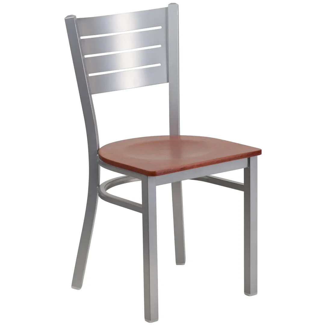 Flash Furniture XU-DG-60401-CHYW-GG Hercules Series Restaurant Chair, Metal Cutout Back, Cherry Finish Wood Seat, Silver Powder Coated Steel Frame