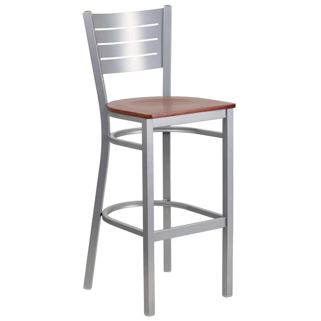Flash Furniture XU-DG-60402-BAR-CHYW-GG Hercules Series Restaurant Bar Stool, Metal Slat Back, Cherry Finish Wood Seat, Silver Powder Coated Steel Frame