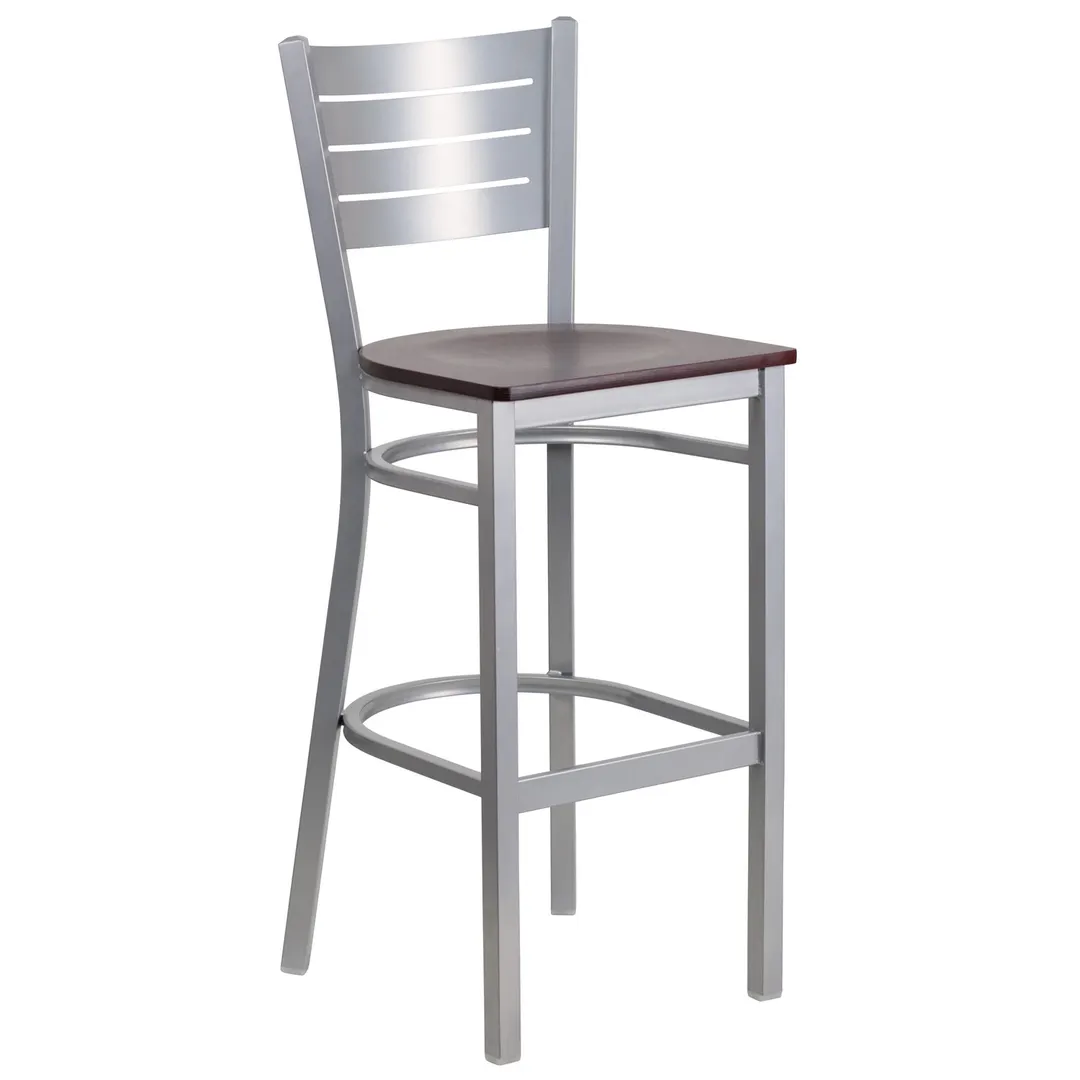 Flash Furniture XU-DG-60402-BAR-MAHW-GG Hercules Series Restaurant Bar Stool, Metal Slat Back, Mahogany Finish Wood Seat, Silver Powder Coated Steel Frame