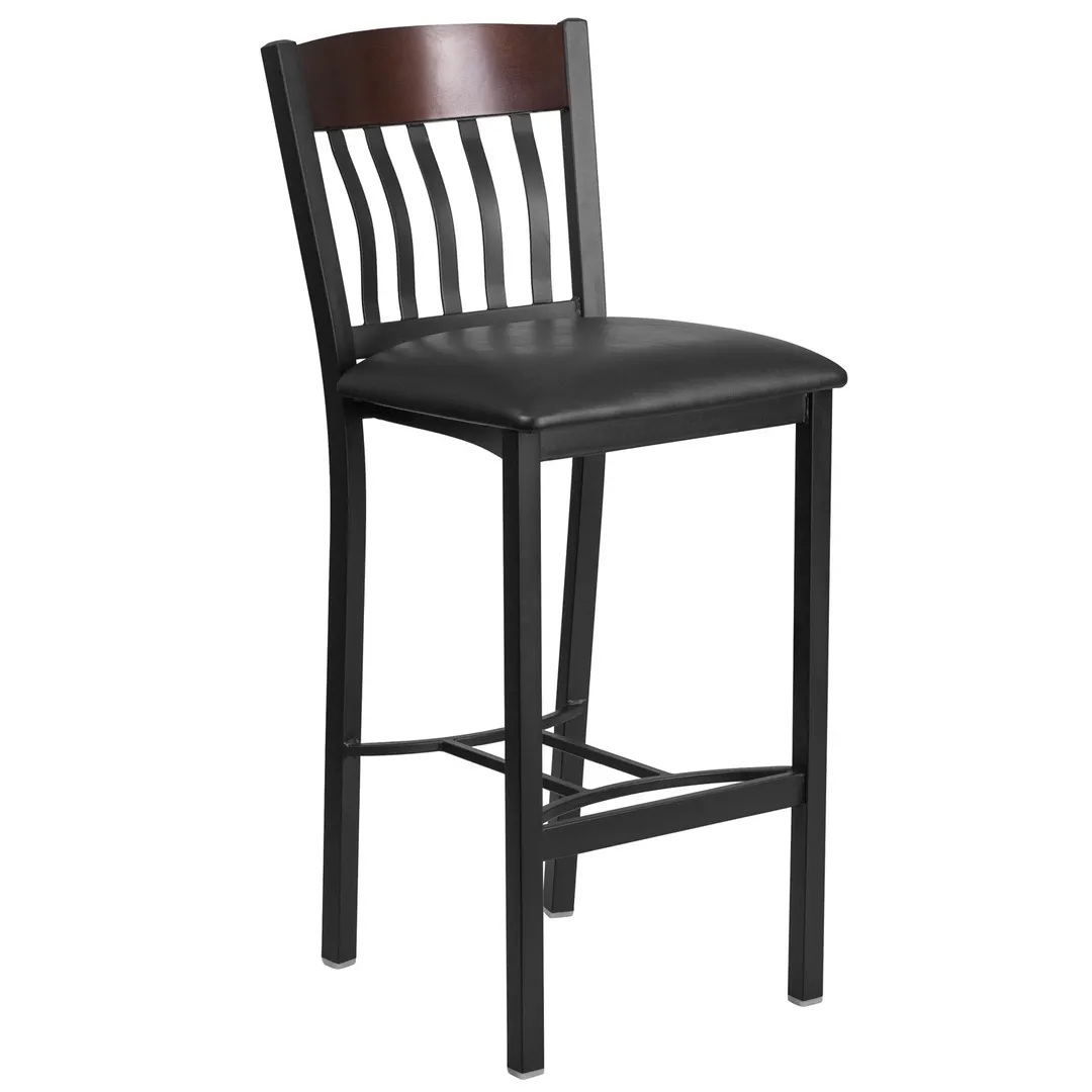 Flash Furniture XU-DG-60618B-WAL-BLKV-GG Hercules Eclipse Series Restaurant Bar Stool, Walnut Slat Back, Black Vinyl Seat