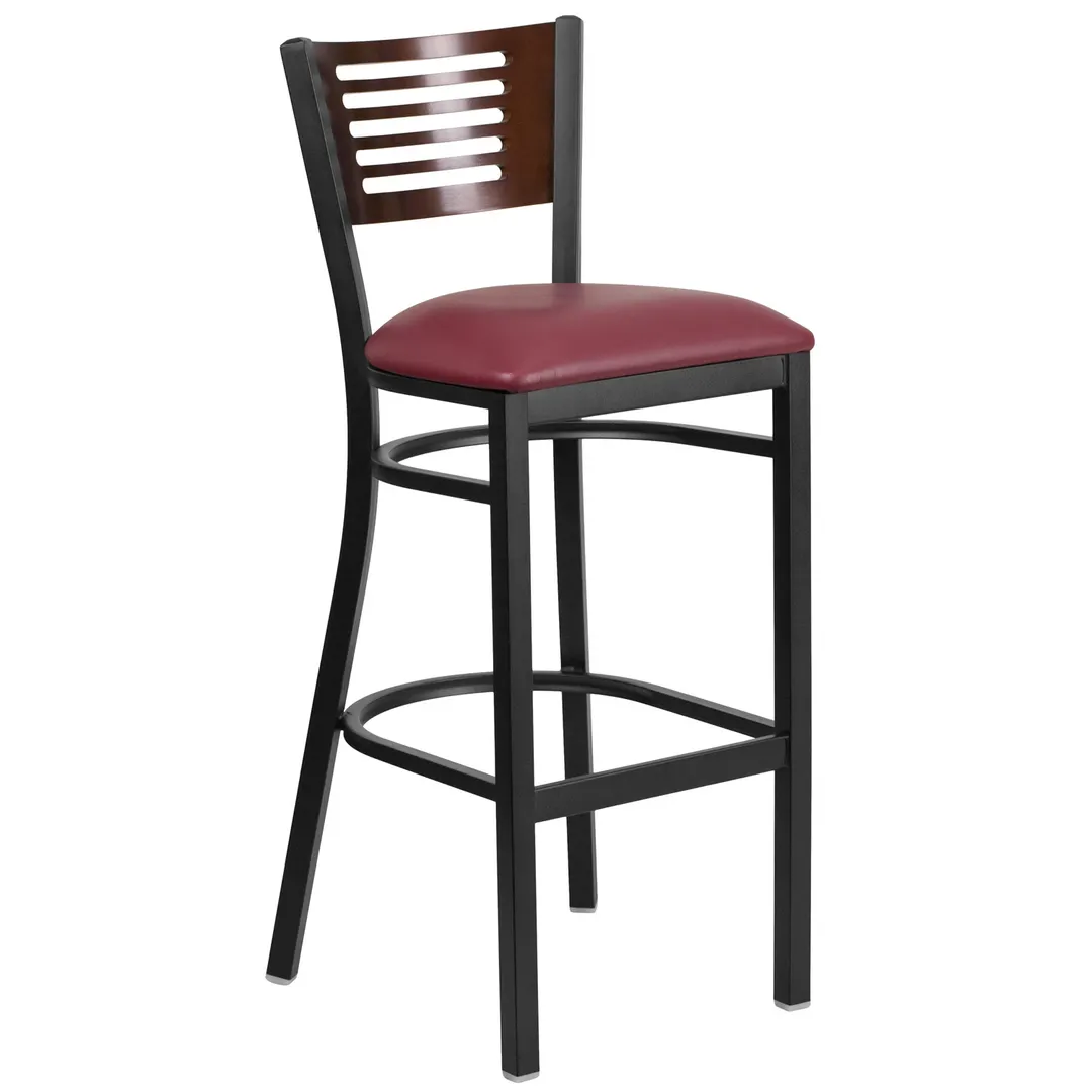 Flash Furniture XU-DG-6H1B-WAL-BAR-BURV-GG Hercules Series Restaurant Bar Stool, Wood Back, Vinyl Upholstered Seat, Black Powder Coated Frame