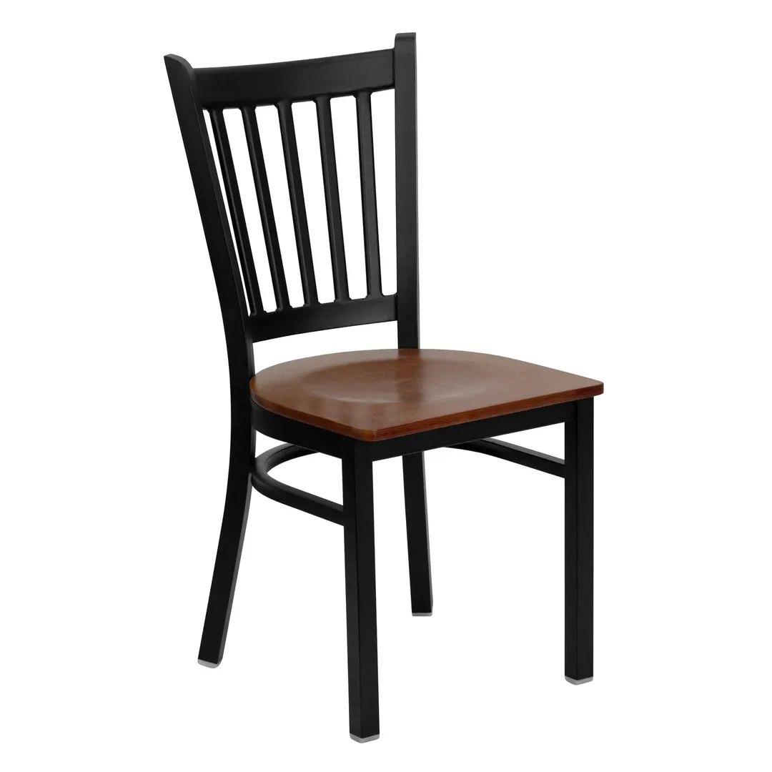 Flash Furniture XU-DG-6Q2B-VRT-CHYW-GG Hercules Series Restaurant Chair, Metal Slat Back, Cherry Finish Wood Seat, Black Powder Coated Steel Frame
